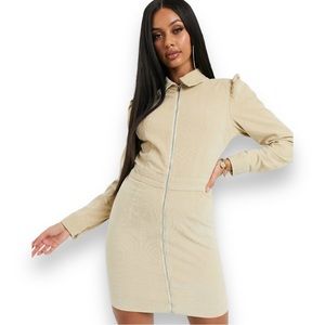 Missguided Full Zip Corduroy Mini Dress with Puff Sleeves